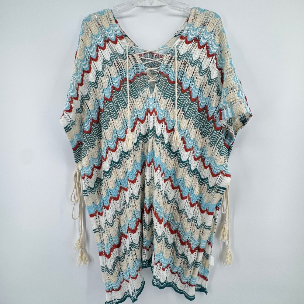 Beach Coverup Chevron Knit Poncho Women One Size Multicolor Lace Up Tassel Boho
